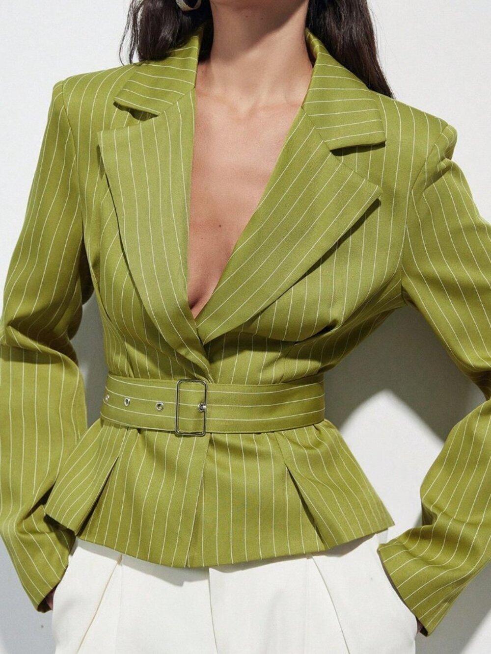 Green Elegant Chic Women's Work Blazer Jacket, Pinstripe, Adjustable Belt
